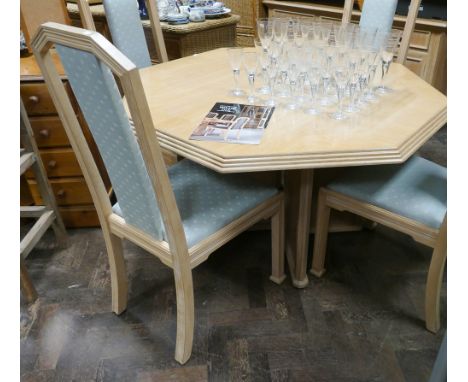 Wade light oak octagonal extending dining table and four matching high back chairs with pale green upholstered seats and back