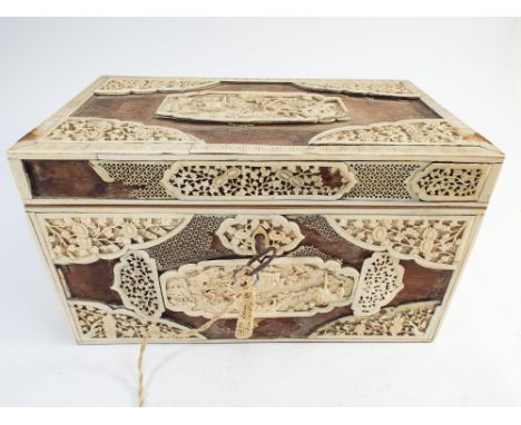 19th century Chinese Canton ivory tea caddy, 15cm high x 25cm wide   Condition - some damages and losses (photographs to illu