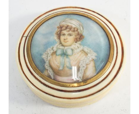 Late 19th century circular ivory trinket box, the lid inlaid with a portrait miniature on ivory of lady wearing a bonnet with