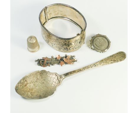 Ladies hallmarked silver hinged bangle and 2 silver brooches together with a jam spoon and a thimble 