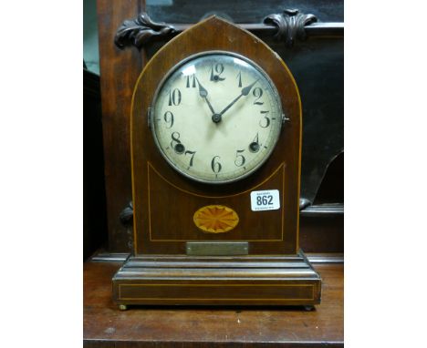 Edwardian striking bracket clock in inlaid mahogany Gothic style case 