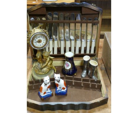 Few knives in box, mantel clock, miniature Staffordshire style cat ornament 