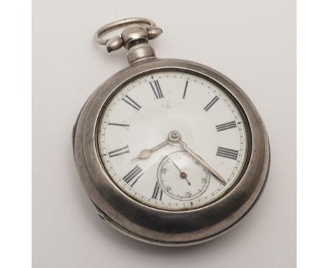 Victorian silver pair cased pocket watch with white enamel dial with subsidiary seconds dial