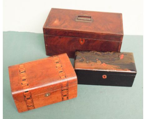 Georgian mahogany tea caddy box, inlaid Victorian walnut box and a lacquered box 