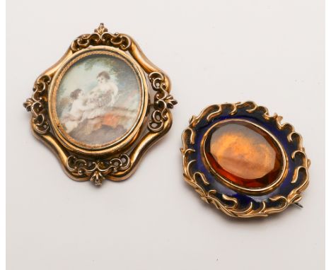 Two Victorian brooches, one with blue enamel and foil backed citrine to the centre, the other with painted miniature panel de