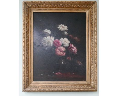 19th century oil on canvas gilt framed floral still life, indistinctly signed - image size 24 x 17"   Condition - patch  top 