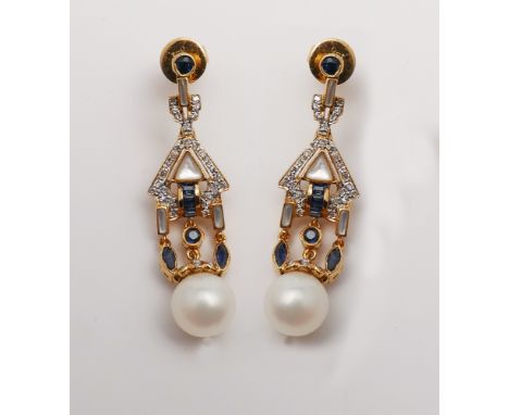 Pair of Art Deco style 18ct gold sapphire, pearl and diamond drop earrings, with pierced posts, stamped 750. approx 4cm long 