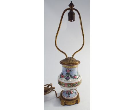 Hand painted gilt metal mounted table lamp base - measures 16" tall to top of the fitting