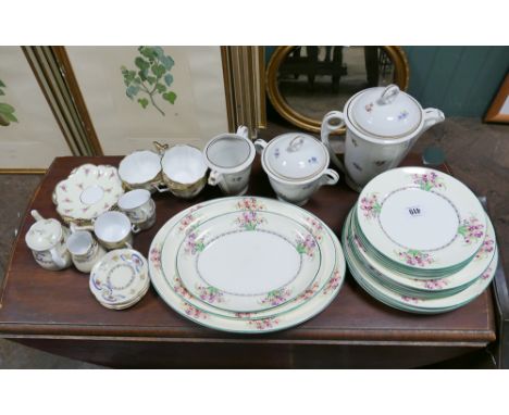 Collection of floral decorated dinner and tea plates, meat plates, part French coffee service, part floral tea set and French