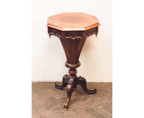 Victorian octagonal walnut work table standing on tripod base 