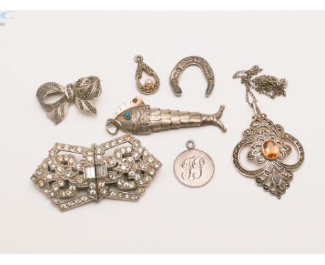 Large paste set art deco style clasp, marcasite pendant and other items of silver jewellery 