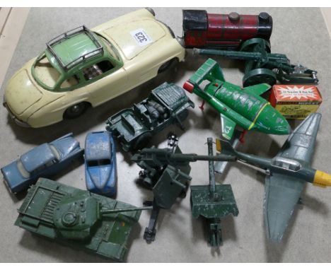 Tin plate car, aeroplane, railway engine and other toys 