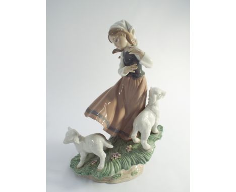Lladro group of Shepherdess girl playing with lambs - 30cm tall 
