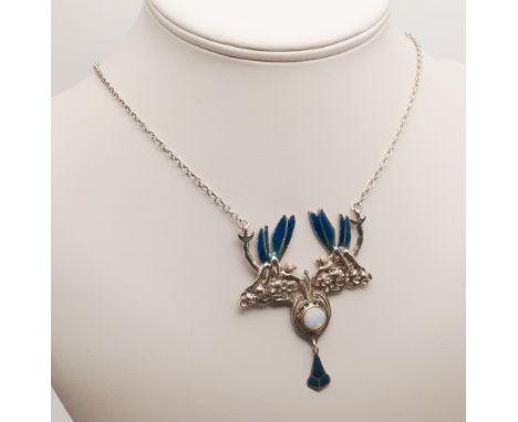 Art nouveau style silver enamel and opalescent pendant necklace 