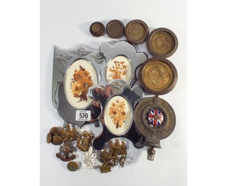 Small collection of brass and chromed frames with applied RAF badges, Royal Automobile  Club Association car badge, set of Av