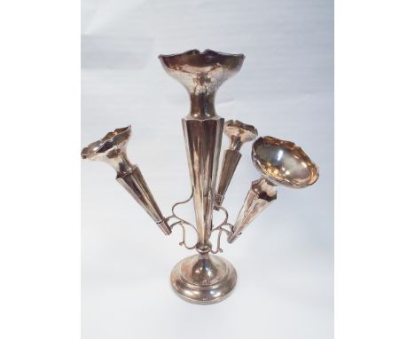 Art nouveau style silver 3 trumpet epergne with detachable trumpets, Chester hallmarks (worn).  32cm tall.  Apprx 21oz troy g