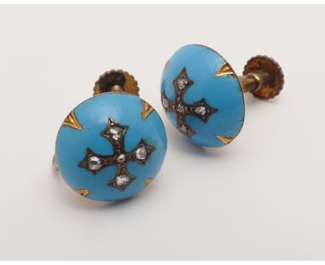 Victorian turquoise enamel and diamond earrings, with rose cut diamonds set in a Maltese cross, with vintage screw fittings. 