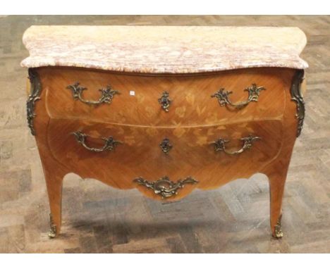 French bombe fronted 2 drawer marquetry inlaid kingwood commode with rouge patterned marble top and gilt decorations - 48" wi