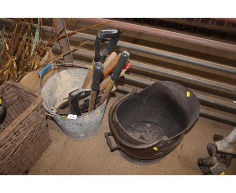 A swing handled coal scuttle; together with a galvanised pail and contents of hand tools