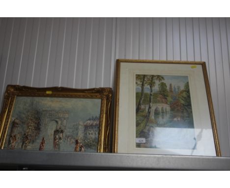 A gilt framed watercolour study of a river scene signed M A Goody; together with a gilt framed oil on canvas