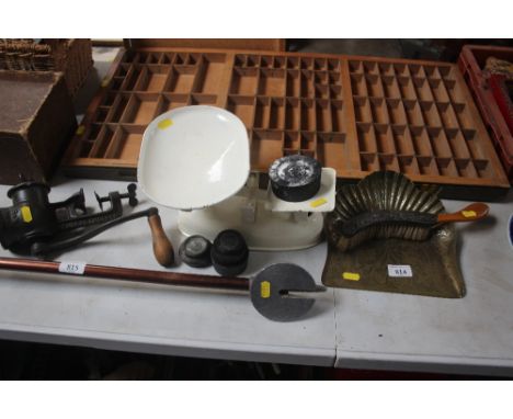 A brass crumb tray and brush; together with a set of scales and Spong mincer