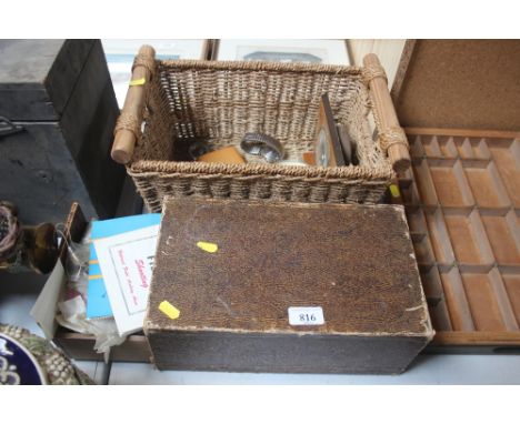 A box of various arrow making equipment; together with a basket and contents of wrist watches and mantle clocks etc