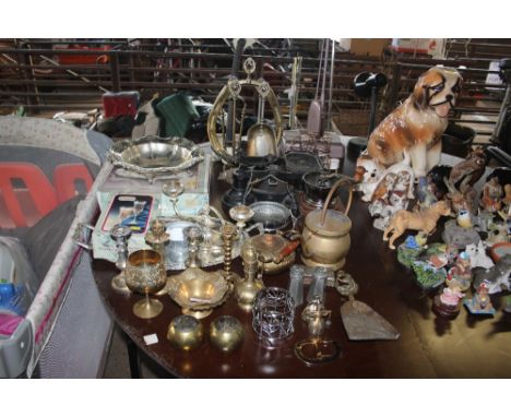 A quantity of metalware to include coffee grinder, twin handled silver plated tray, brass candlesticks, spot hammered salt an