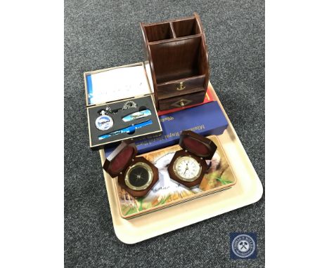 A tray containing ship's style compass and clock, three Native American style knives, boxed Spitfire penknife and pen set, mi