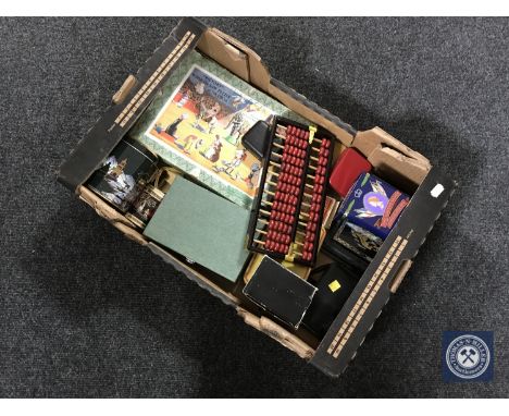 A box of containing jigsaw, playing cards, abacus, miniature doll, cuff links etc 
