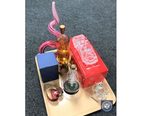 A tray containing a boxed Daum glass Alfa Romeo, glass ship in bottle, Highland Malt Scotch Whisky decanter etc
