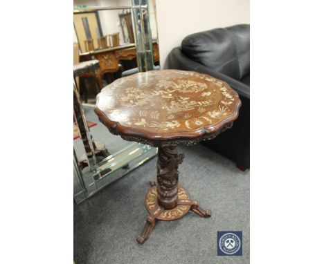 A Chinese inlaid hardwood occasional table on tripod base, height 75 cm 