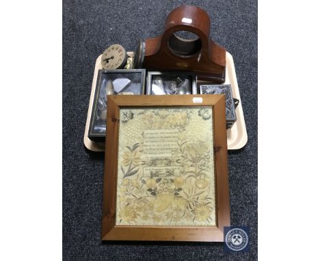 A tray of inlaid mahogany mantel clock, print, four small boxes containing plated cutlery, antique cork screw, metal figures,