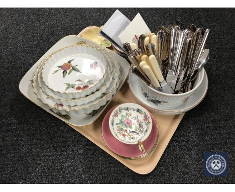 A tray containing Royal Worcester Evesham dishes, cutlery, Aynsley cups and saucers etc