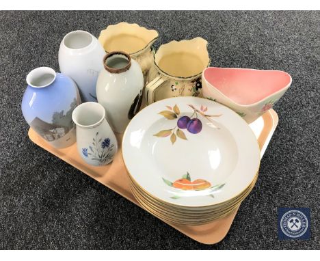 A tray of four Bing &amp; Grondahl vases, Maling vase, set of eight Royal Worcester Evesham bowls, pair of Royal Doulton Kew 