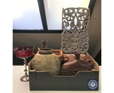 A box of contemporary vases, candles, wicker basket, carved wooden panel etc