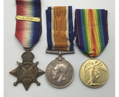 WW1 1914 Star and clasp trio awarded to L-14841 Pte Edward Hewitt of the 1st Royal Fusiliers. To include: the 1914 Star with 