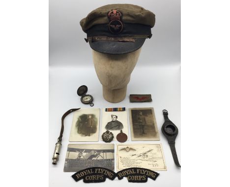 A rare WW1 era RFC / RAF other rank’s khaki peaked cap, including the seldom seen first pattern embroidered RAF cap badge. Th