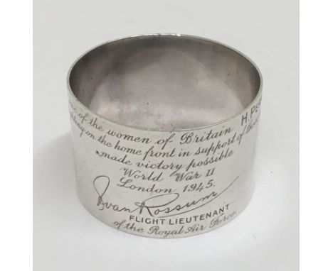 An unusual WW2 era R.A.F related sterling silver napkin ring, apparently gifted by a Flight Lieutenant August van Rossum to ‘