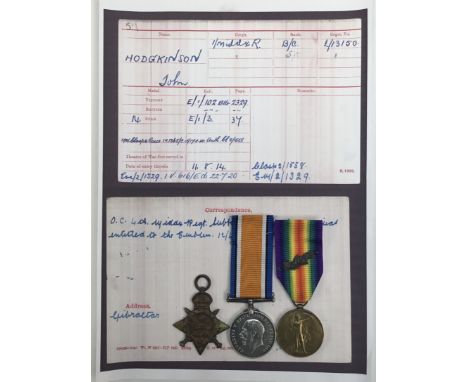 A WW1 1914 star Mentioned in Dispatches trio, awarded to L-13150 L/Cpl John Hodgkinson of the 1st Middlesex Regiment. To incl