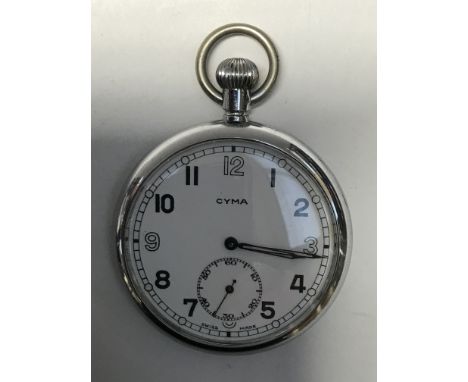 A military issue Cyma open faced chrome plated pocket watch, comprising a white dial with Arabic indices, subsidiary dial at 