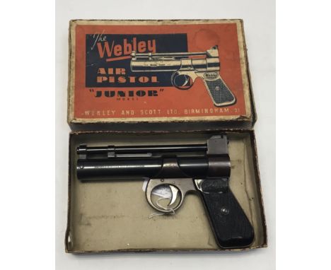 &lsquo;Plum' colour Webley Junior over-lever air pistol in .177 with original box. This item is an example with the rare, att