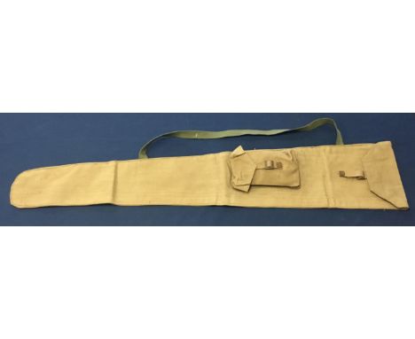 A WW2 era Lee Enfield webbing rifle bag, dated 1942, with the manufactures stamp for M&S Ltd M/C and a broad arrow mark. The 