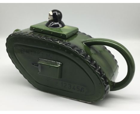 A rare 1970’s Richard Parrington World War I tank teapot. Based on the Mark 1 British tank, designed by Sir William Tritton a