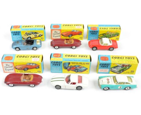 CORGI; six boxed models comprising 307 'E' Type Jaguar (both lacking hardtops), 309 Aston Martin Competition Model, 318 Lotus