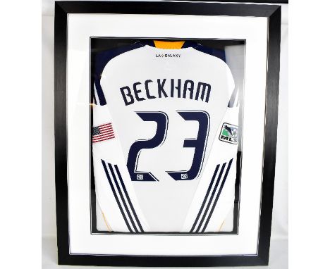 DAVID BECKHAM; a match-worn LA Galaxy long sleeved home shirt, set in contemporary frame, 19 x 73.5cm.Additional InformationM