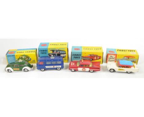 CORGI; a 430 Bermuda Taxi, 439 'Chevrolet' Fire Chief, 464 Commer Police Van and 492 Volkswagen European Police Car with 'Pol