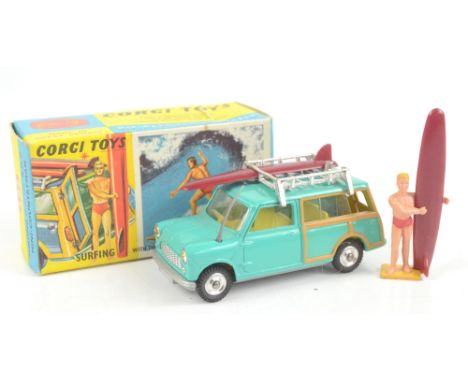 CORGI; a boxed 485 Surfing With the B.M.C. Mini-Countryman model Austin in turquoise with lemon interior, two surfboards and 