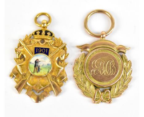 Two shooting medals in 9ct and 15ct gold respectively awarded to A. Ballantyne, the first with laurel wreath motif and initia
