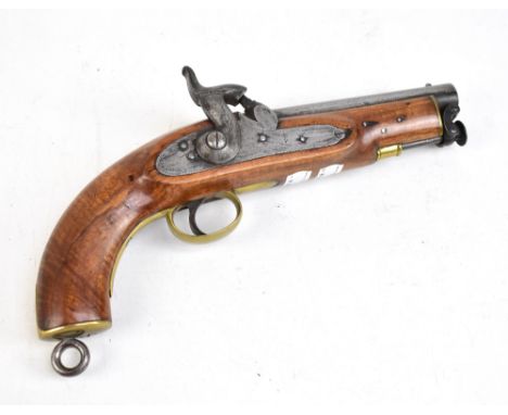 A 19th century walnut stocked percussion cap pistol with belt loop attachment and brass furniture, the steel lock plate engra
