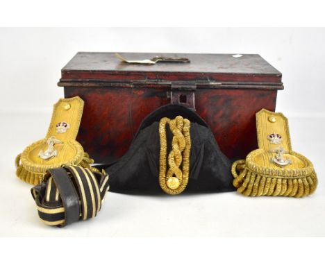 A cased 19th century naval officer's bicorn by Gillott &amp; Hasell, stated size 6 3/4, a pair of epaulettes by Royal Naval O